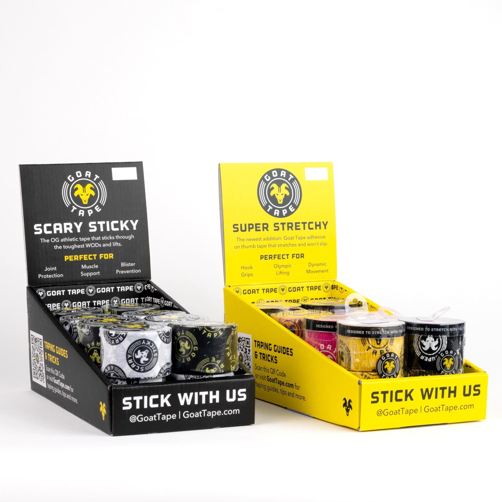 A retail display box with two compartments, one containing rolls of tape and the other with labels and packing tape.