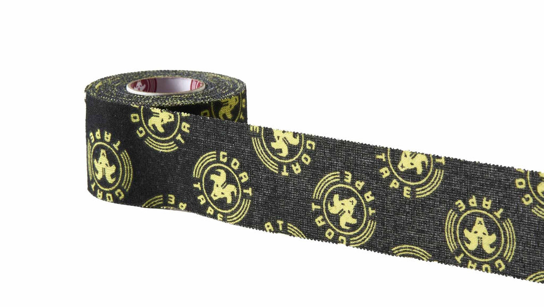 Black and yellow Scary Sticky Goat Tape roll partially unrolled