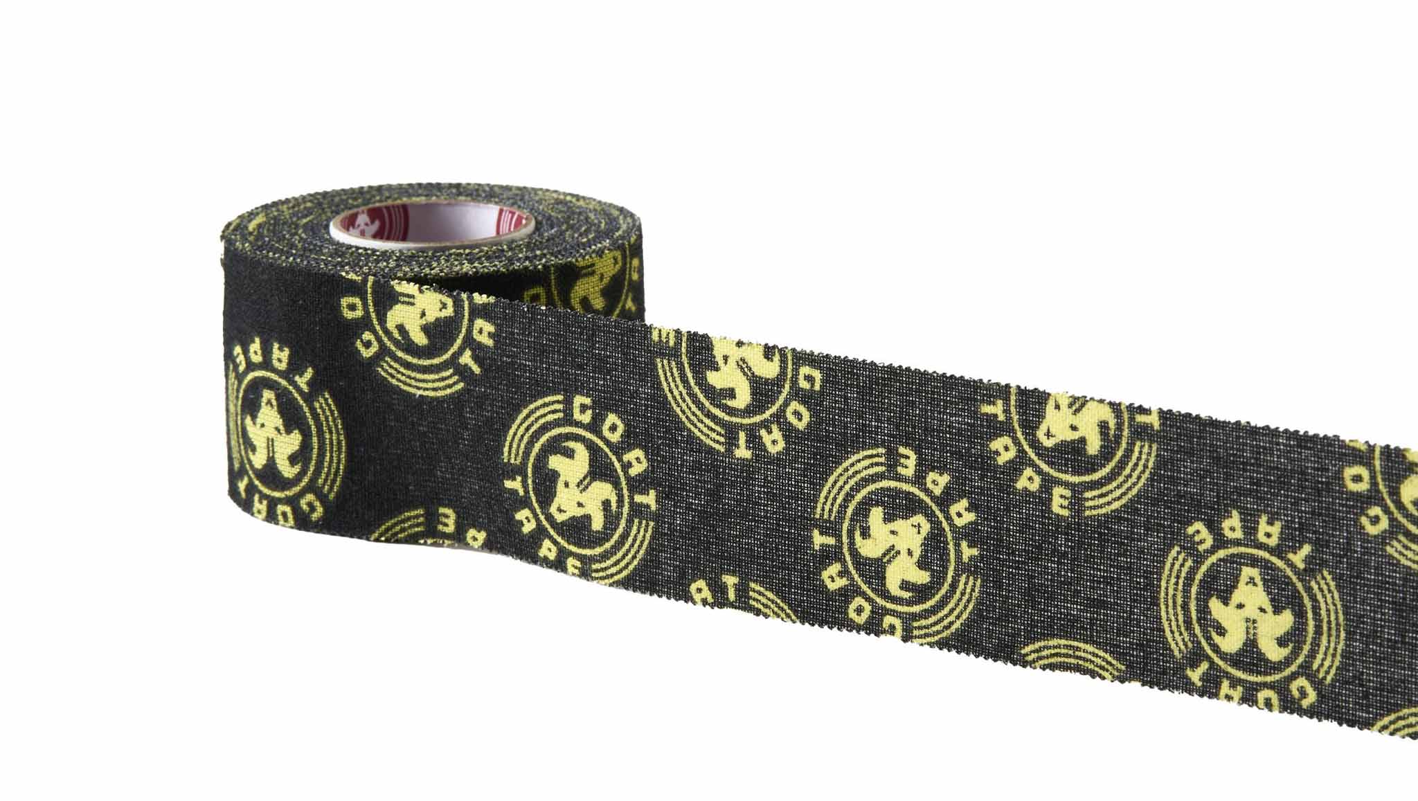 Black and yellow Scary Sticky Goat Tape roll partially unrolled