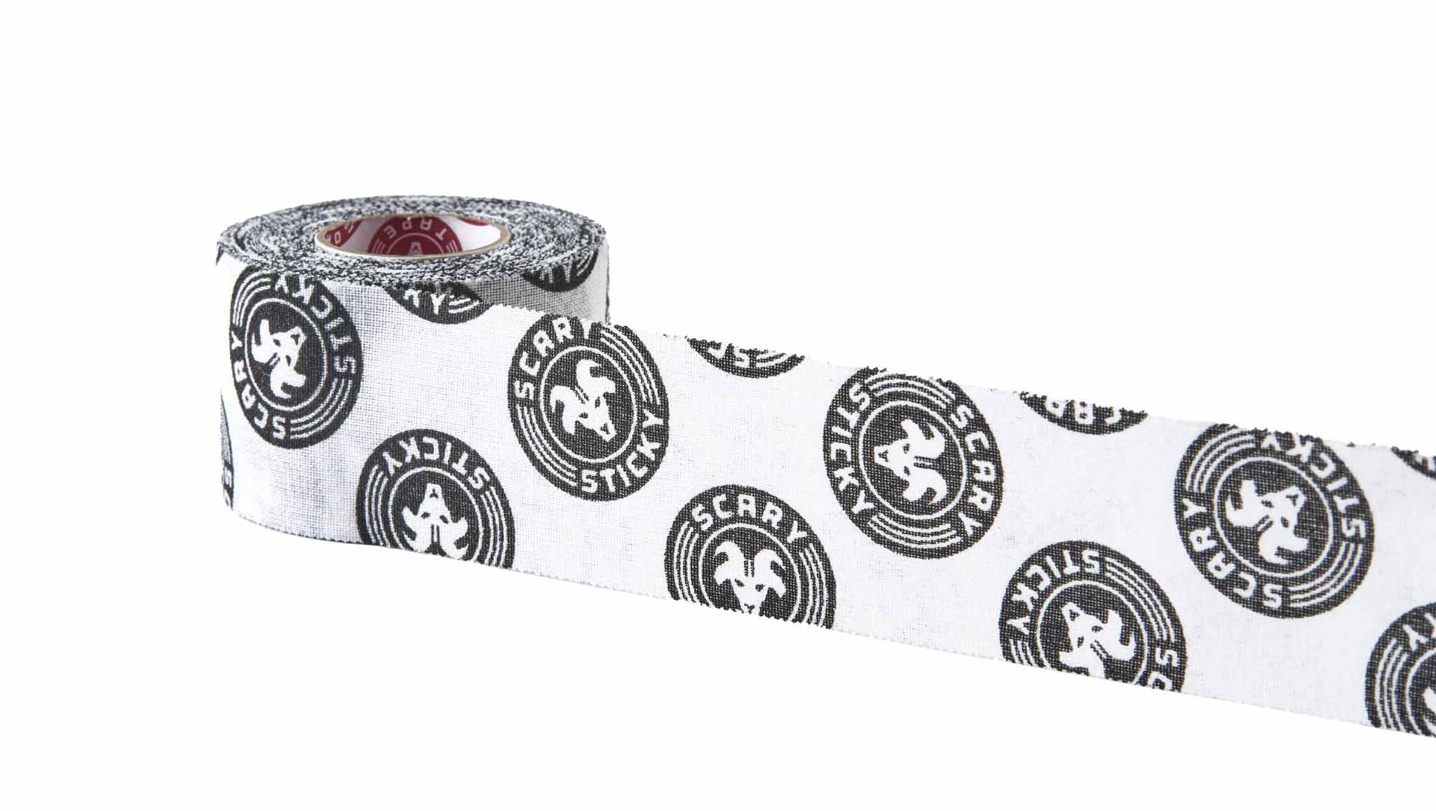 White and black Scary Sticky Goat Tape roll partially unrolled