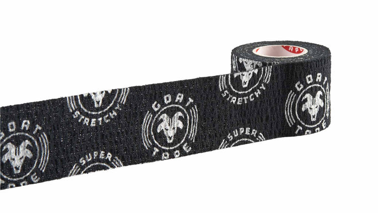Black and white Super Stretchy Goat Tape roll partially unrolled