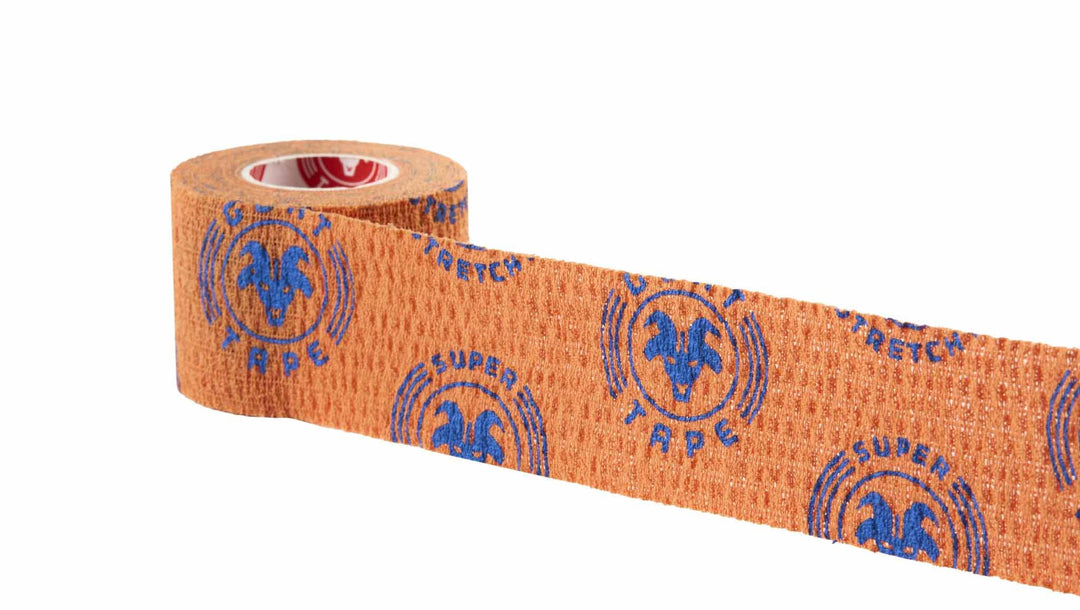 Orange and blue Super Stretchy Goat Tape roll partially unrolled
