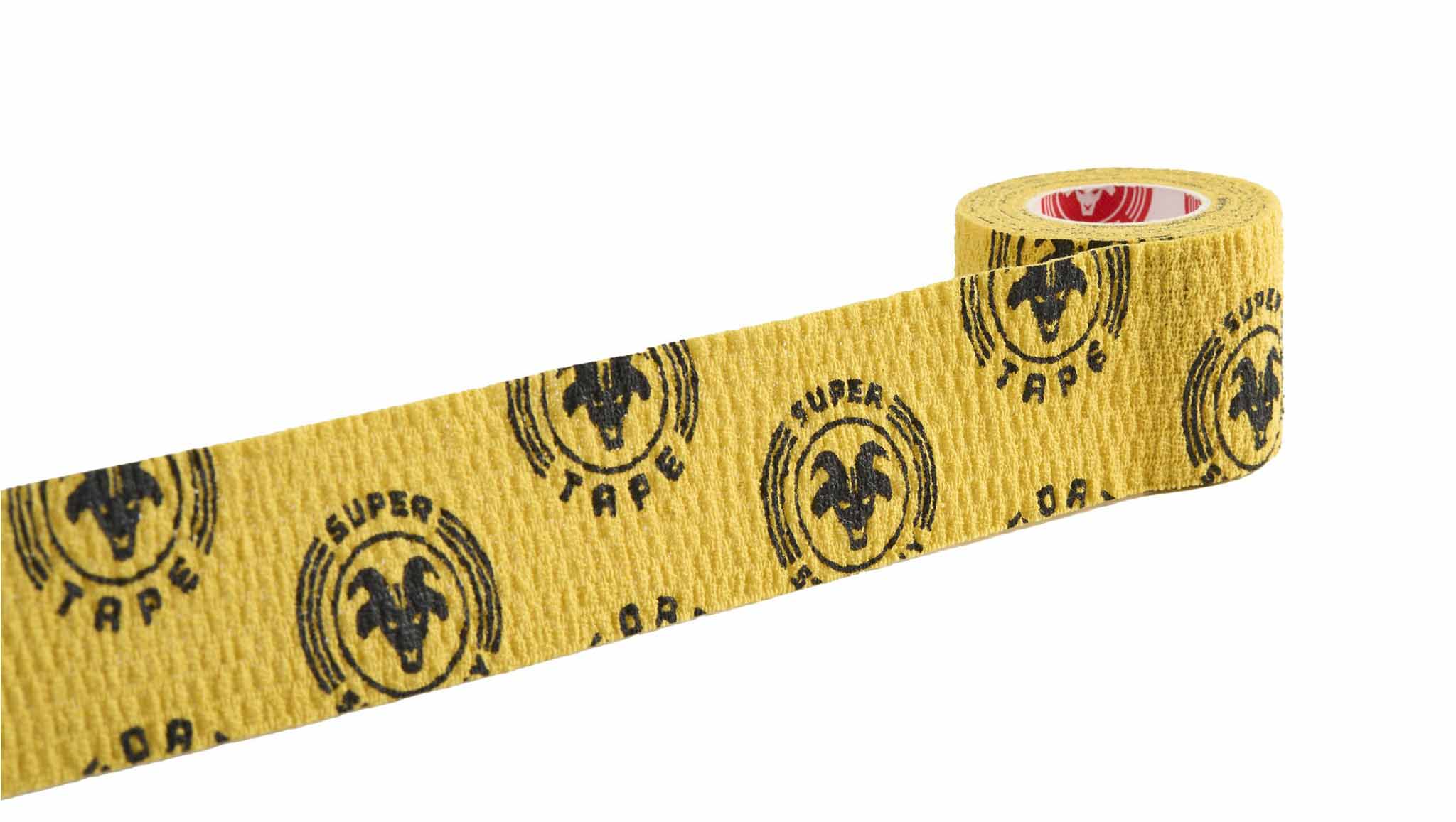 Yellow and black Super Stretchy Goat Tape roll partially unrolled