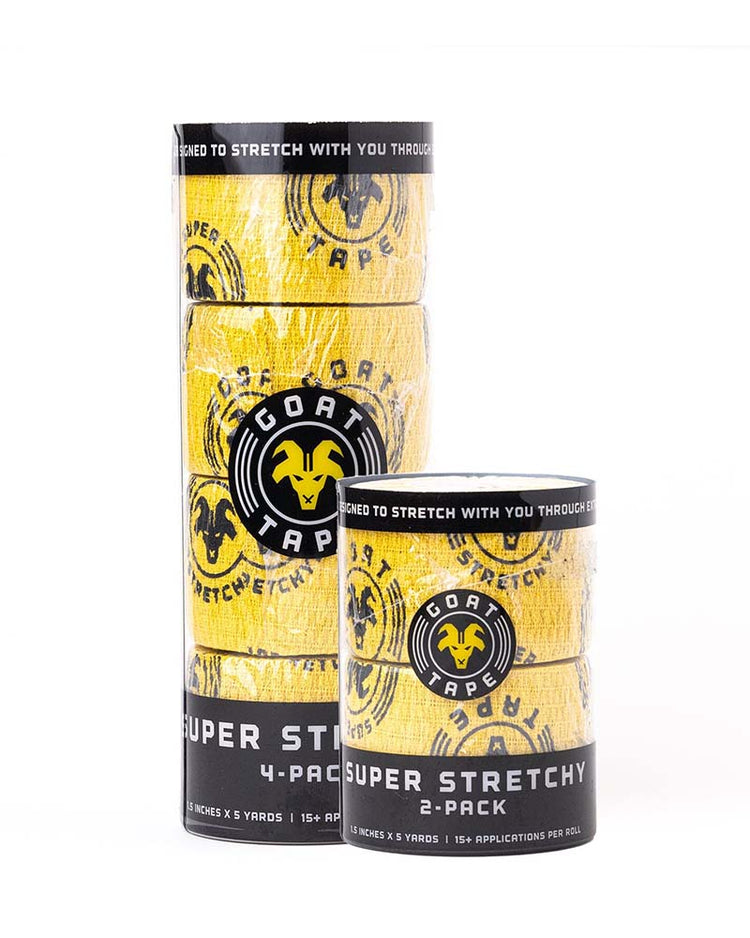 Yellow Super Stretchy Goat Tape 2-pack and 4-pack packaging