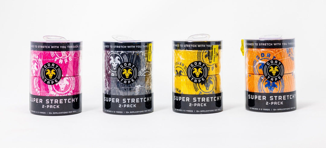 Four packages of 'Super Stretchy' product in different colors 