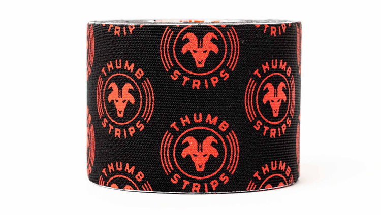 Black tape with red 'Thumb Strips' logo on a white background