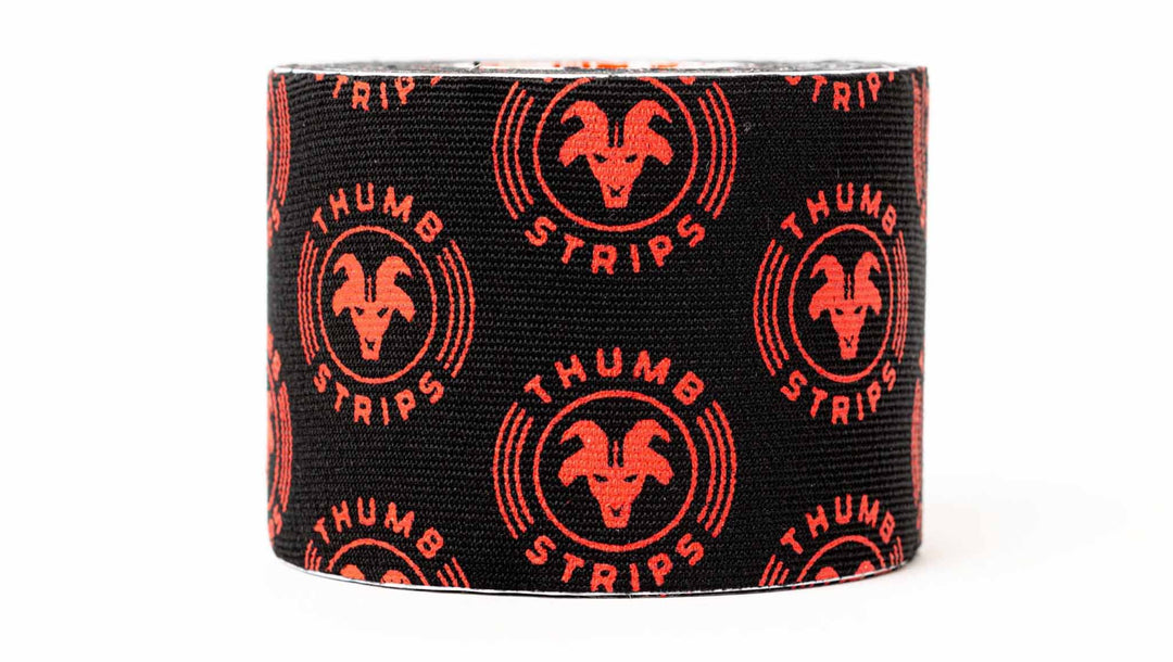 Black tape with red 'Thumb Strips' logo on a white background
