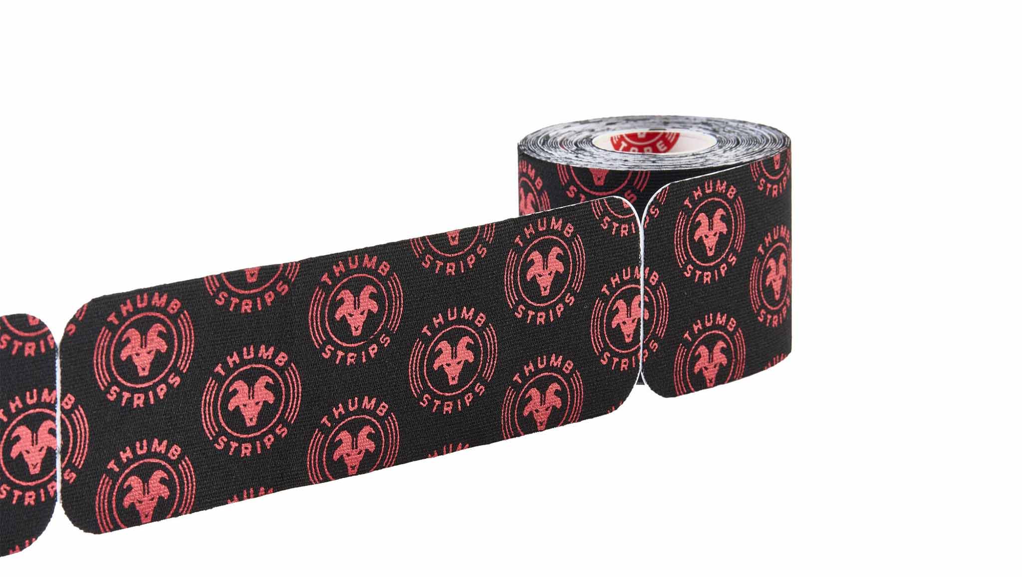 Roll of Thuma Strips tape with red logo on white background