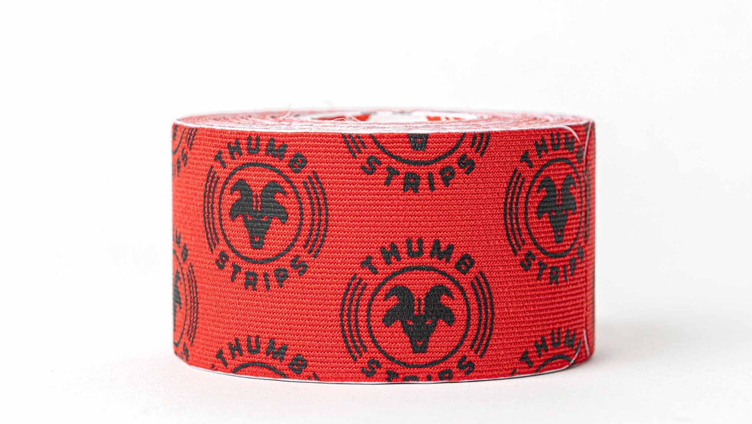 Red tape with black logo frontal angle